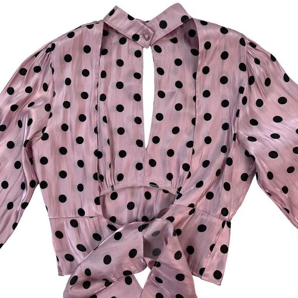 Pre-Loved Deco Lux Open Back Blouse Long Sleeve Crop Top Purple Black Dots US S - Picture 3 of 14